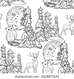 Seamless pattern with owl, deer, and snow covered tree under moon hand drawn black white outline vector background. Monochrome winter forest scene for rustic Christmas prints and seasonal designs.