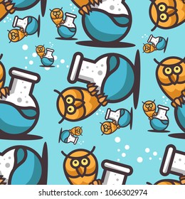 Seamless pattern with owl and flask