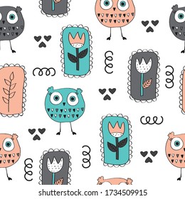 seamless pattern with owl and flower vector illustration, vector textile fabric print, wrapping paper