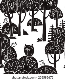 Seamless Pattern Owl Forest Black & White