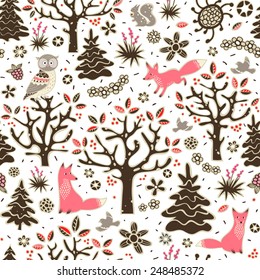 Seamless pattern with owl, foxes, squirrel, birds, trees and flowers. Vector forest background.