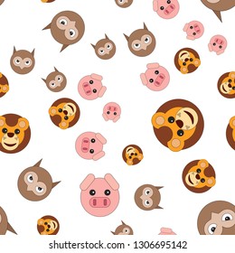 Seamless pattern of owl head of lion and pig. Vector illustration in cartoon style.