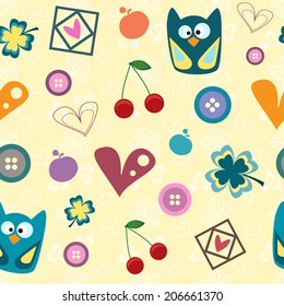 Seamless pattern with owl and heart. Background with owl.