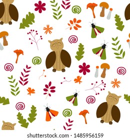 Seamless pattern: owl, insect, vegetation, berries, mushrooms on a white background. Flat vector. Illustration