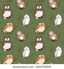 Seamless Pattern with Owl and Leaf Design on Dark Green Background