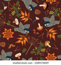 seamless pattern with owl, mushrooms and herbs. Vector design for paper, fabric and other surface