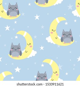 Seamless pattern with owl sleep on the moon. vector print. Animals pattern.