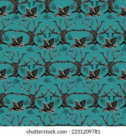 seamless pattern with owl and trees. Vector design for paper, fabric and other surface