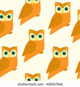 seamless pattern owl. Owl wild bird and nature cartoon owl. Great horned Owl, flat cartoon wildlife nature bird vector illustration.