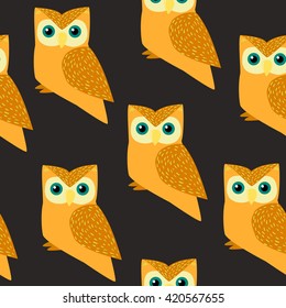 seamless pattern owl. Owl wild bird and nature cartoon owl. Great horned Owl, flat cartoon wildlife nature bird vector illustration.