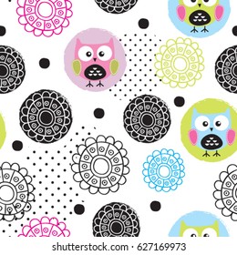 seamless pattern with owl, wrapping paper, bedding pattern for kids vector illustration