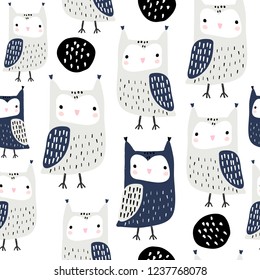 Seamless pattern with owls and abstract shapes. Creative woodland childish texture. Great for fabric, textile Vector Illustration