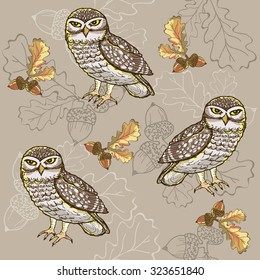 Seamless pattern with owls and acorns.