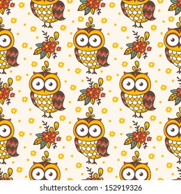 Seamless pattern with owls. Autumn background.
