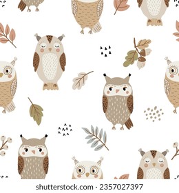 Seamless pattern with owls and autumn leaves on a white background for children's textiles, scrapbooking paper, postcards.