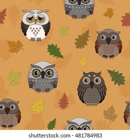 Seamless pattern with owls and autumn leaves