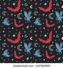 Seamless pattern. Owls and bats. Great for Halloween and more.