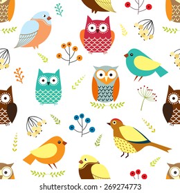 Seamless pattern with owls, birds and branches