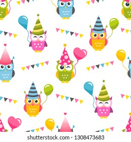 Seamless pattern with Owls with Birthday party hats and garlands