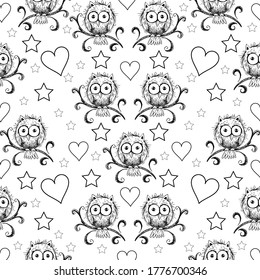 Seamless pattern with owls. Black and white.