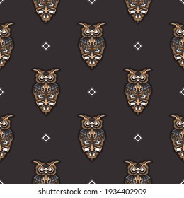Seamless pattern with owls in boho style. Suitable for backgrounds, prints, clothing and textiles. Vector 