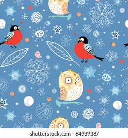 Seamless pattern of owls and bullfinch