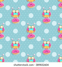 Seamless pattern with owls and cakes
