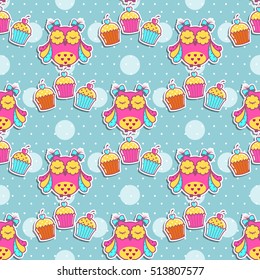 Seamless pattern with owls and cakes