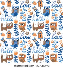 Seamless pattern with owls, cat, flowers and berries, Valentine's day, lovers, couple, love, hearts
