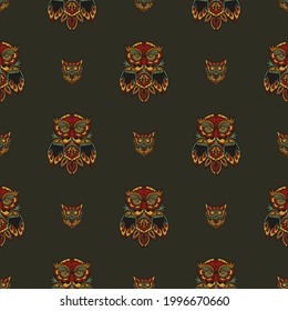 Seamless pattern with owls in the colors of the baroque style. Good for backgrounds, prints, apparel and textiles. Vector illustration.