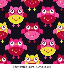 Seamless pattern with owls. Cute cartoon. Vector illustration. Can be used for wallpaper, textile, invitation card, wrapping, web page background.