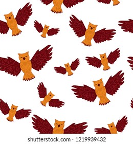 Seamless pattern with owls in doodle style on white. Hand drawn vector background of cute birds. Design for prints and T-shirts,wrapping paper wallpaper