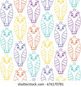 Seamless pattern with owls. Owls drawn by hand. The colored contours on a white background.