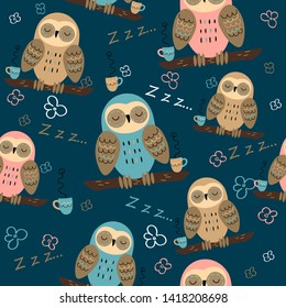 Seamless pattern. Owls dream. Cute style. Pajama fabric. Vector.