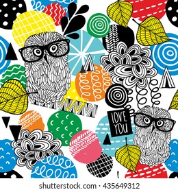 Seamless pattern with owls in eyeglasses. Vector colorful background.