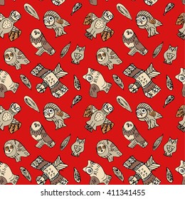 Seamless pattern with owls and feathers.