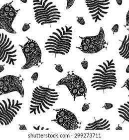 Seamless pattern with owls and fern