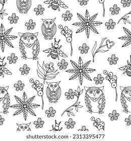 Nahtloses Muster mit Eulen, Blumen und Bienen. Illustration für Verpackungen oder Textilien