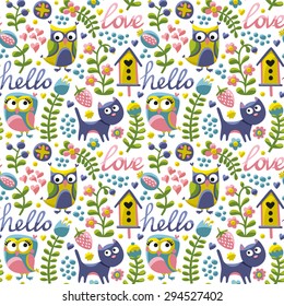 Seamless pattern with owls, flowers and berries