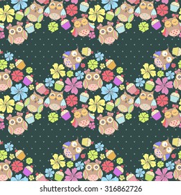 Seamless pattern with owls and flowers and cake on a dark background
