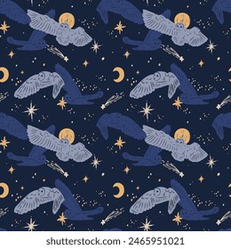 Seamless pattern with owls flying in the night. Vector graphics. Moon and stars.