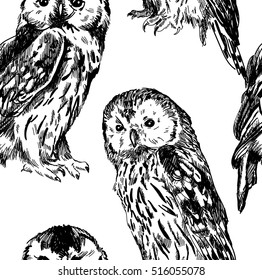 Seamless pattern with owls. freehand drawing in vintage style.