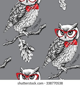 Seamless pattern with owls in glasses and red tie on a oak branch. Vector illustration.