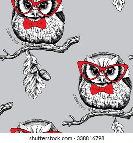 Seamless pattern with owls in glasses and red tie on a oak branch. Vector illustration.