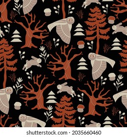 seamless pattern with owls, hares and woodland. Hand drawn,vector design for paper, fabric and other surface