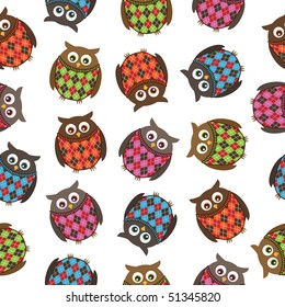 seamless pattern of owls in harlequin sweaters