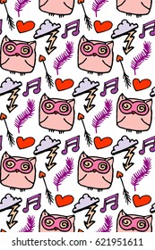 Seamless pattern with owls, hearts and clouds
