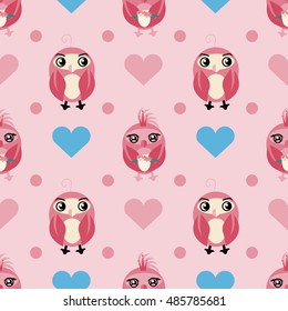 Seamless pattern with owls and hearts. Nice vector illustration