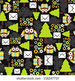 Seamless pattern with owls. Letter to Santa - vector illustration.