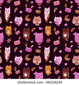 Seamless pattern with owls in love with letters and feathers, moon and hearts, and flowers. A seamless pattern for St. Valentine's Day. Valentines Day card.